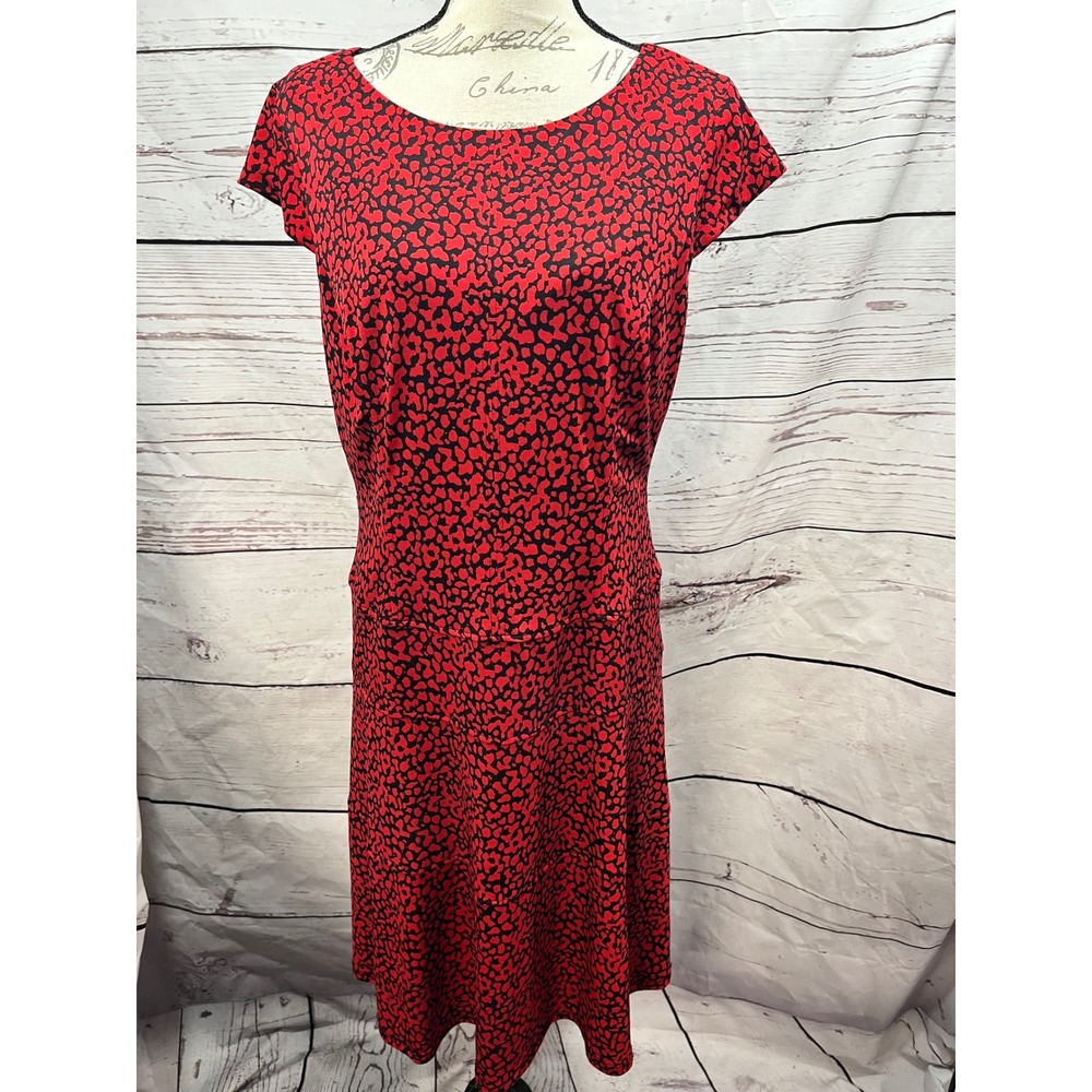 Anne Klein Women's Red Black Animal Print Short Sleeve Knee Length Dress Size 14